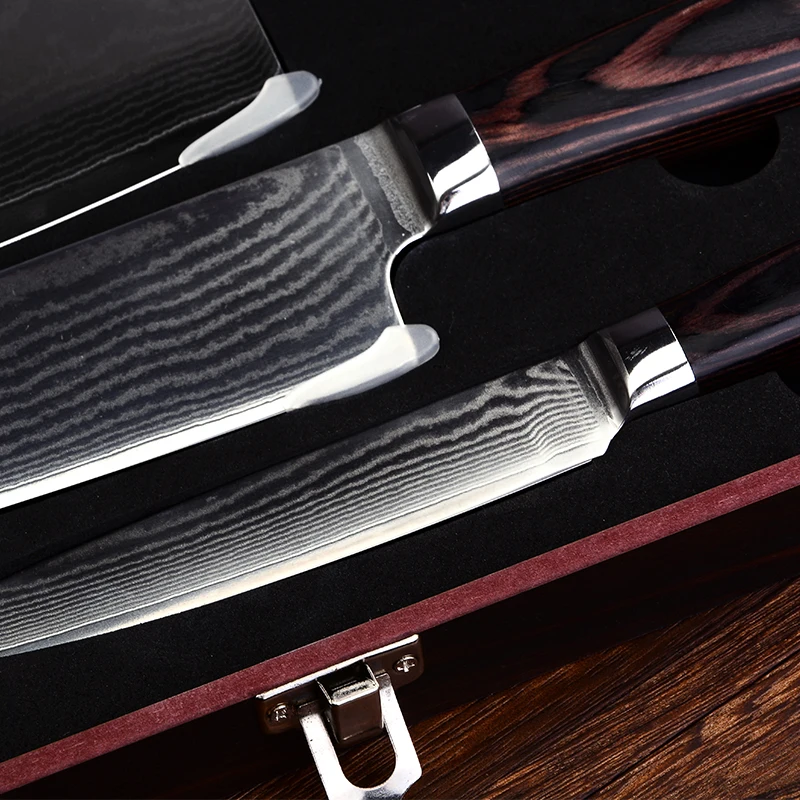 Damascus Steel Knife Set Japanese Style Kitchen Knives Set With Wooden Gift Box