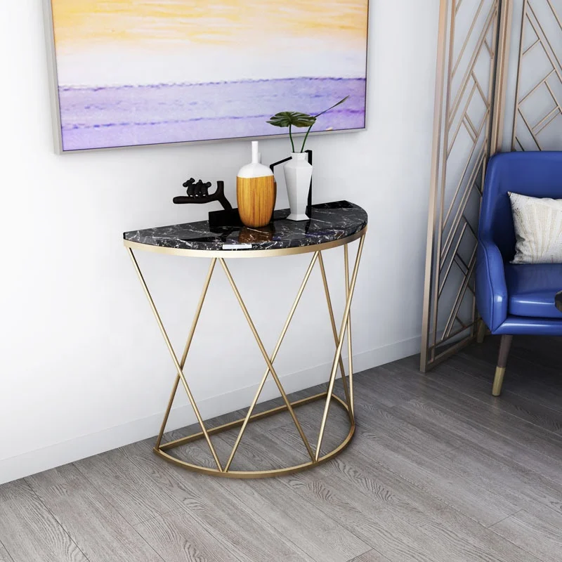 
Half Circle Round Hotel Marble Reception Table Sofa Bed Metal Side Table 