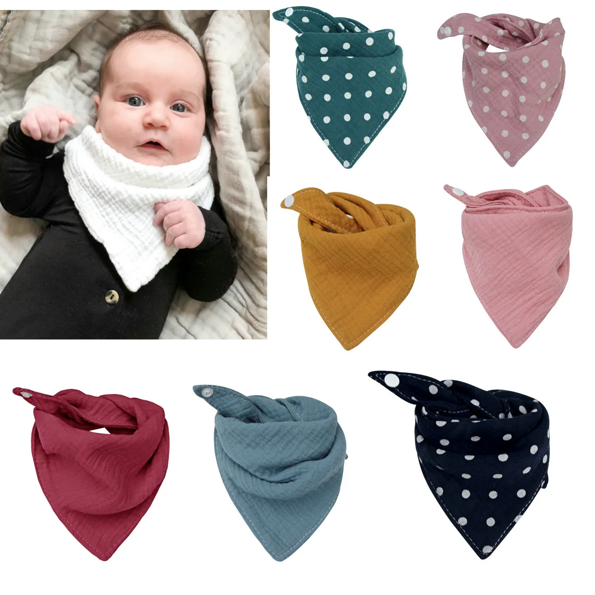 
Baby Bibs Cotton Accessories Newborn Wholesale Solid Color Snap Button Soft Triangle Towel Feeding Drool Bibs 