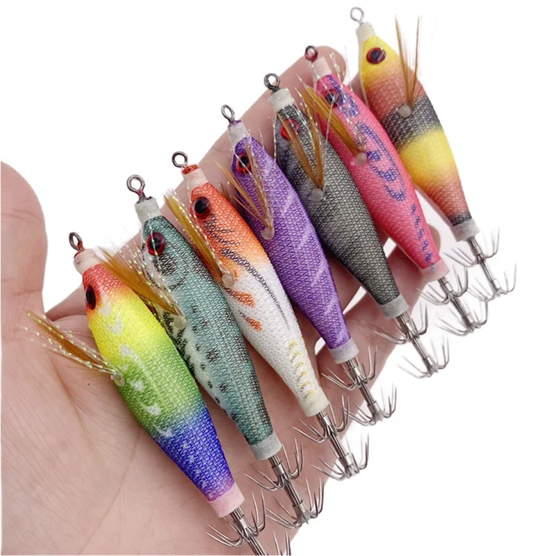 80mm 6g Floating Sutte Squid Jig Fishing Lures wood shrimp Luminous Baits Squid Cloth Jigs Hooks Glow EGI Shrimp