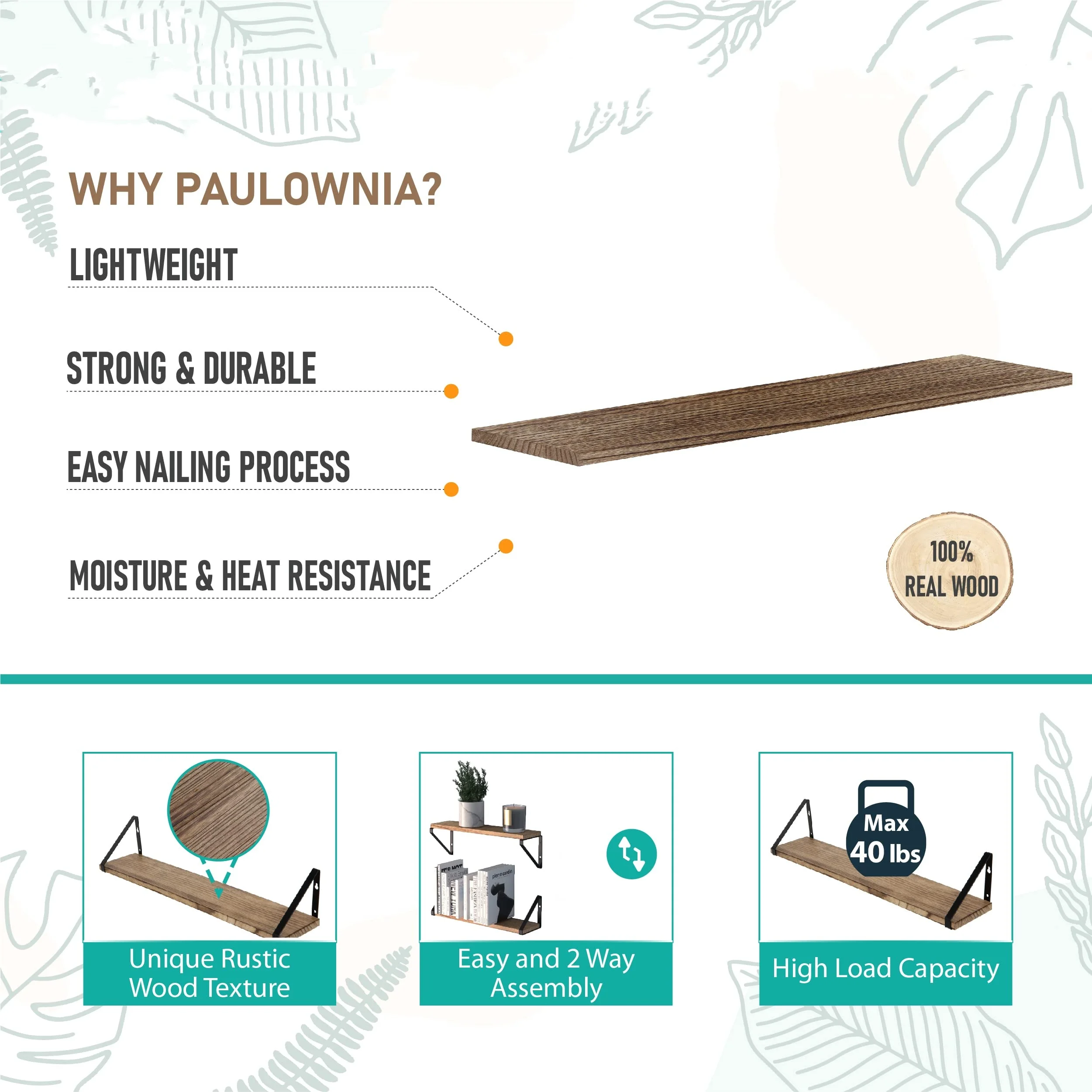 Natural Burnt Wood Floating Shelves Set of 2 Wooden Rack for Sundries Living Room Wall Decor and Book/DVD Storage Shelf