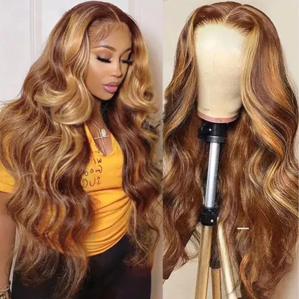 Honey Blonde Caramel Balayage Highlight Body Wave 13x4 Lace Front Wig 4x4 Lace Closure Human Hair Wig