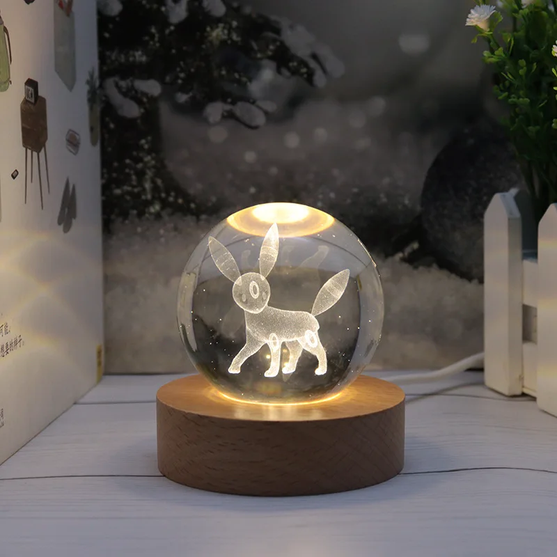 Glowing cartoon pokemoned crystal ball eevee 3D night light wooden desktop ornament birthday gift Mewtwo atmosphere lamp