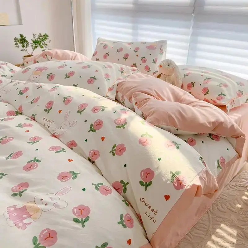 Printed Linen Double Yarn Fabric Home Linen Bed Sheet Beautiful Colorful Satin Polyester Hotel Bedding Set For Girls