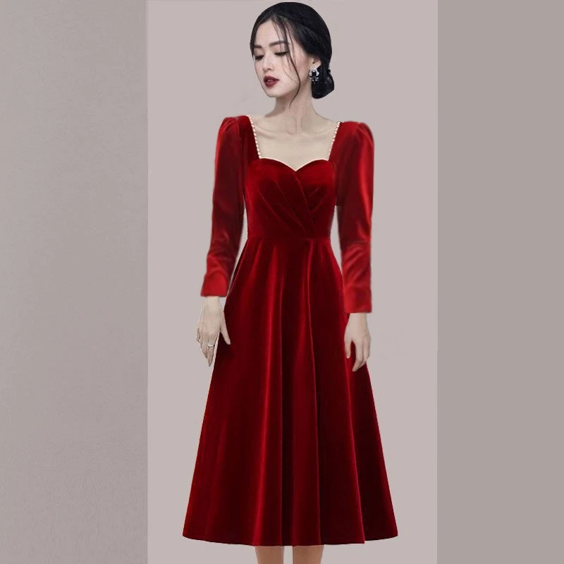 Droma wholesale in stock custom made french style fashion long sleeve velvet evening dresses women velvet dress