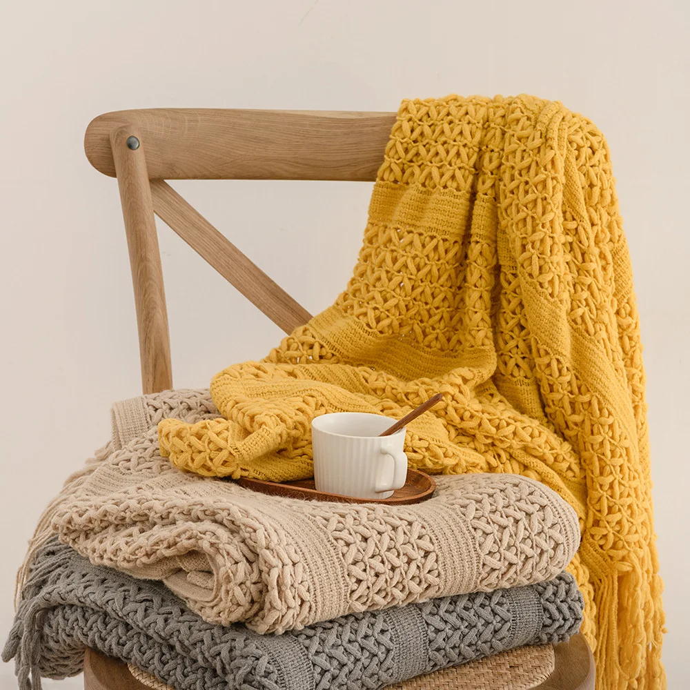 Home Sofa Cover Bed Tail Blanket Knitted Tassel Nap Washed Soft Cozy Tassels Throw Blanket