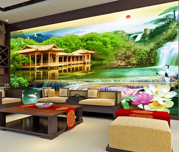 Popular mountain landscape interior 3d wallpaper waterfall wooden house adhesive 3d wallpaper