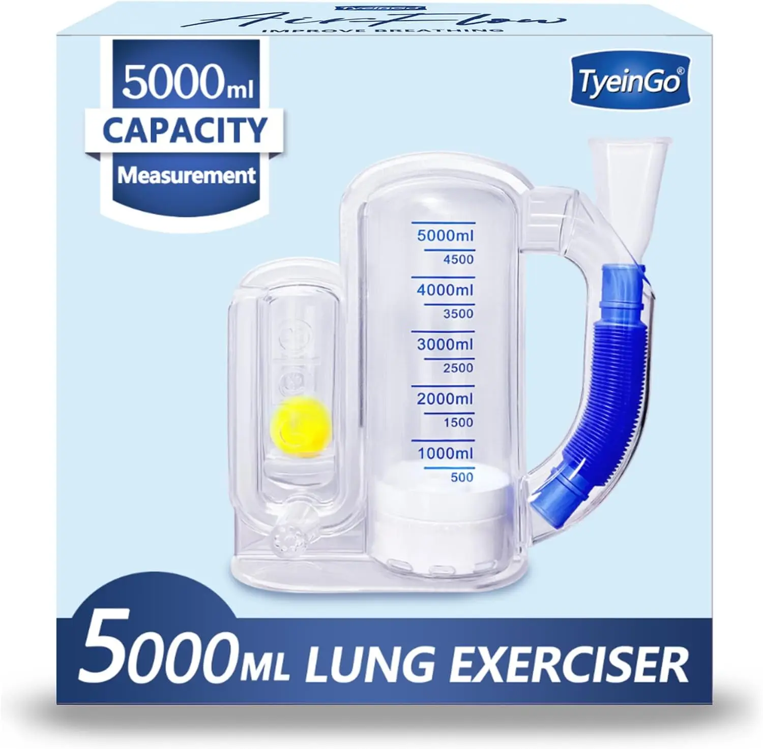 Breathing Exercise Device for Lungs, Deep Breathing Trainer for Adults - 5000ml Volume Measurement with Flow Rate Indicator