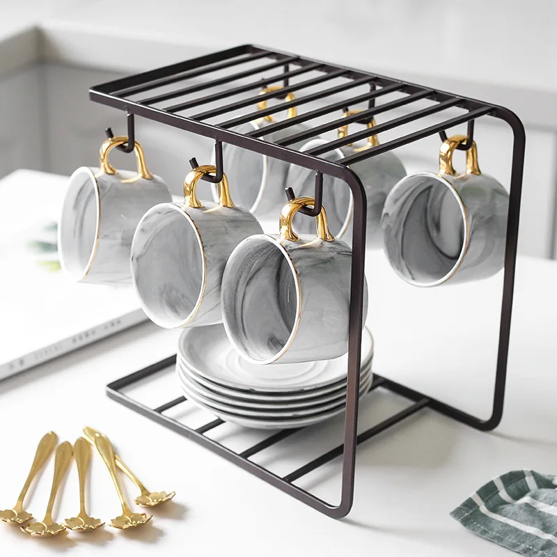 Custom Logo Modern Marble Porcelain Tea Cup Set Ceramic Coffee Cup and Saucer Set with Iron Stand Holder