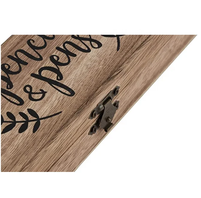 Wooden Pencil Case 2-Pack Wood Pen Pencil Box Rustic Desk Organizer Hinged Lid with Clasp Closure