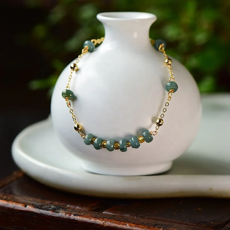 PJ-C306 Natural jade bracelet, gemstone jadeite stone bracelet roundel beaded bracelet 14 K real gold plated