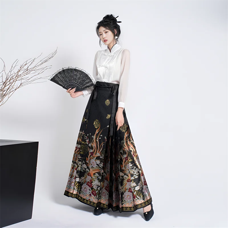 New Chinese style Hanfu horse-faced skirt for women 2024 new phoenix dance weaving elegant flower embroidery craft skirt dress