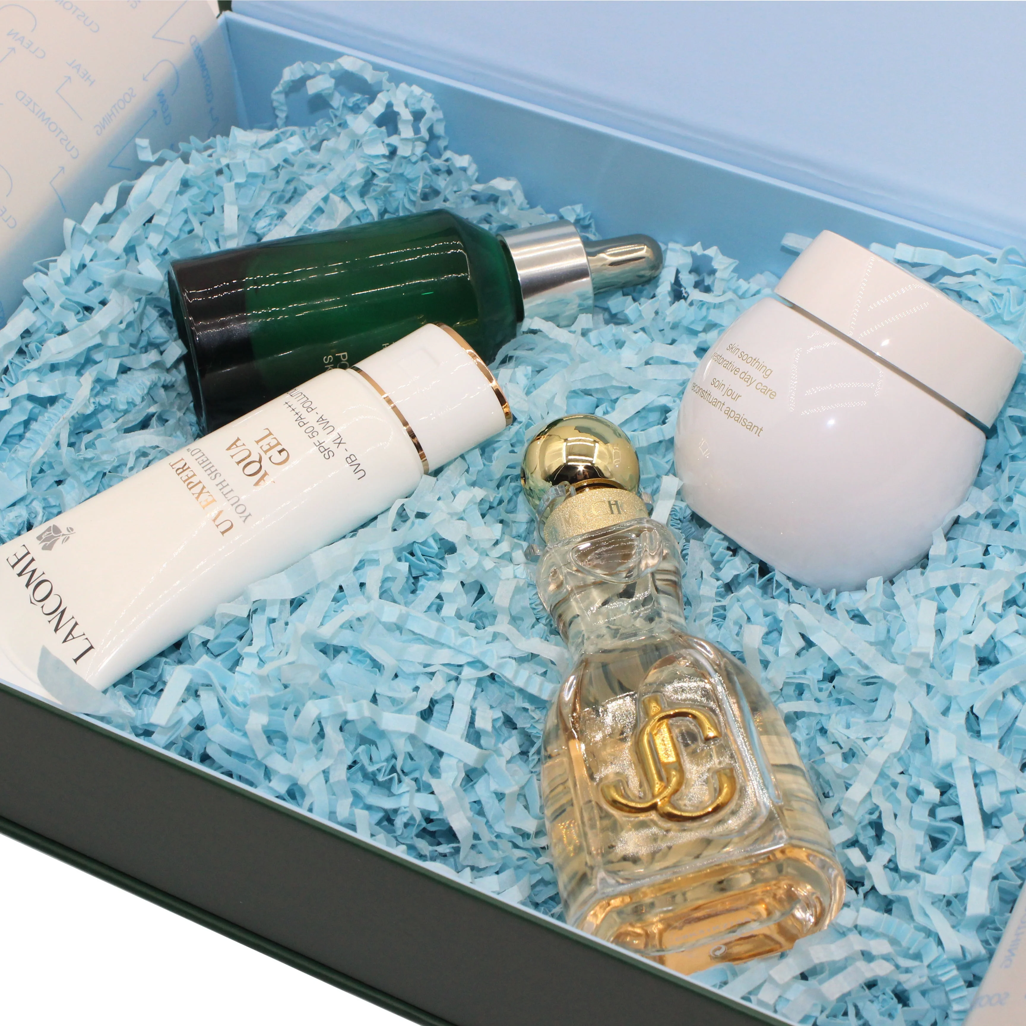 Custom Cosmetic Gift Set Packaging Box With Raffia Crinkle Paper For Cleanser/Cream/Serum