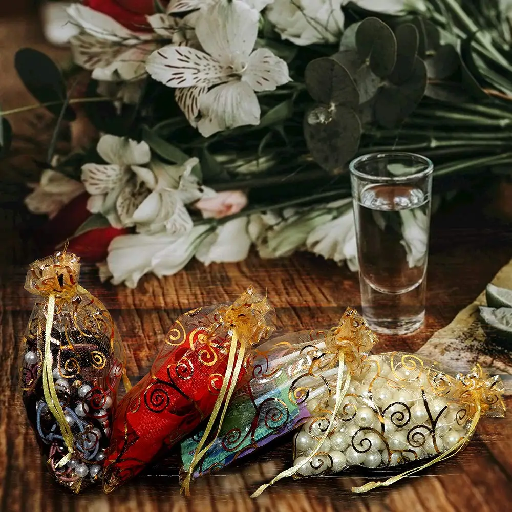 Customized Promotional Cheap Wholesale Gold Eco-Friendly Drawstring Floral Gift Organza Bags