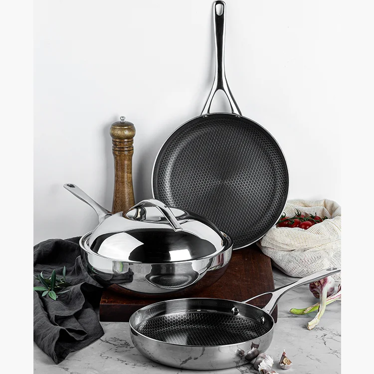 Amazon Hot Sale Nonstick Frying Pan Cookware Set Stainless Steel Wok Honey Comb Frying Pan