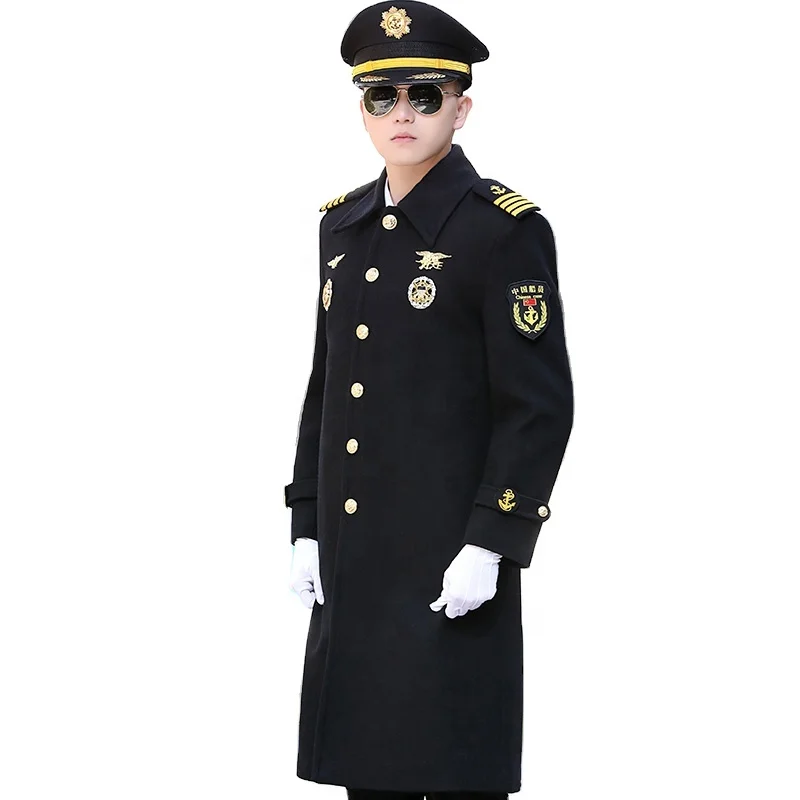 Long Woolen Coat For Men Navy Uniform Commander Winter Overcoat