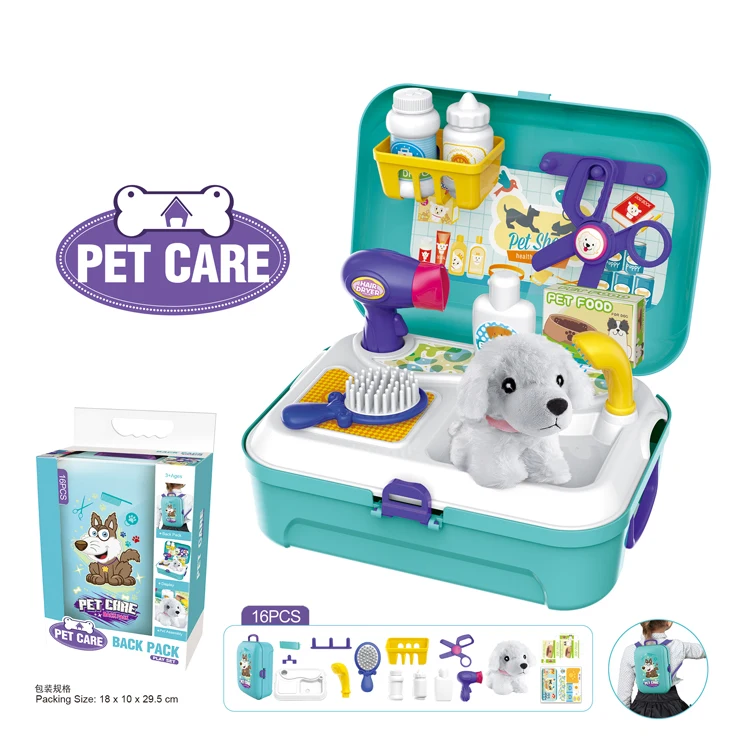 
16pcs Pet care toy pretend play Pet tool set with plush dog-Backpack plastic box 