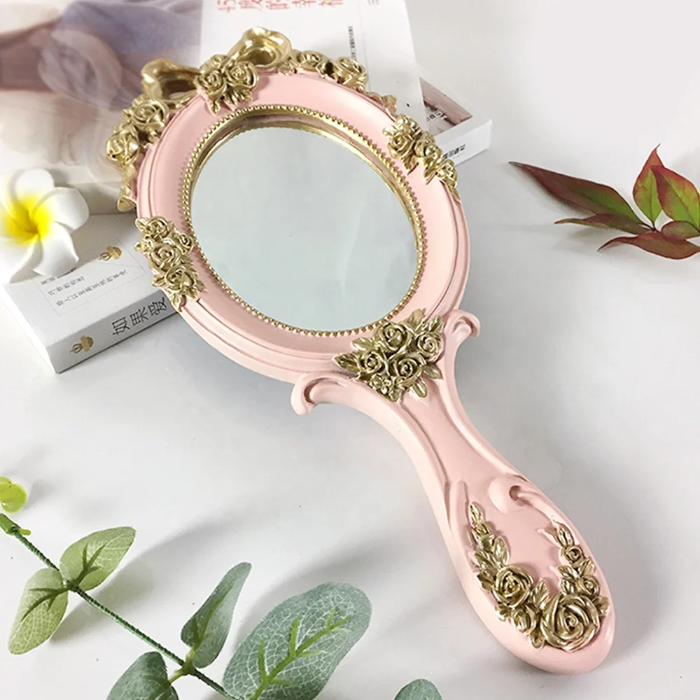 Retro Baroque Rose Flower Oval Makeup Vanity Hand Held Mirror Mirrors for Wedding Holiday Party Gift Favor