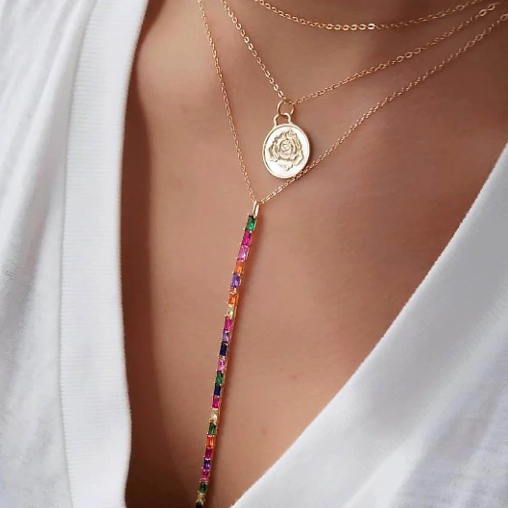 rainbow rectangle cz gold plated Long Y larait sexy women necklace