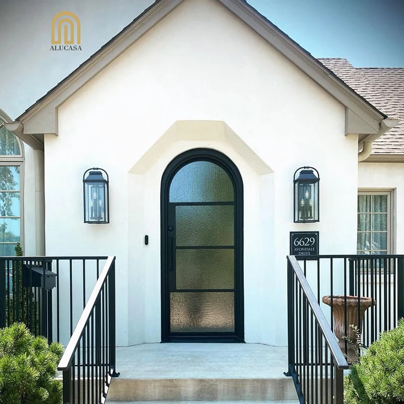 Alucasa Custom Simple Clean Line Modern Steel Arch Door Wrought Iron Metal Thermal Break Exterior Entry Single French Doors