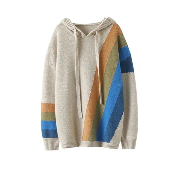 Custom gentle rainbow contrast hooded loose cashmere sweater for women