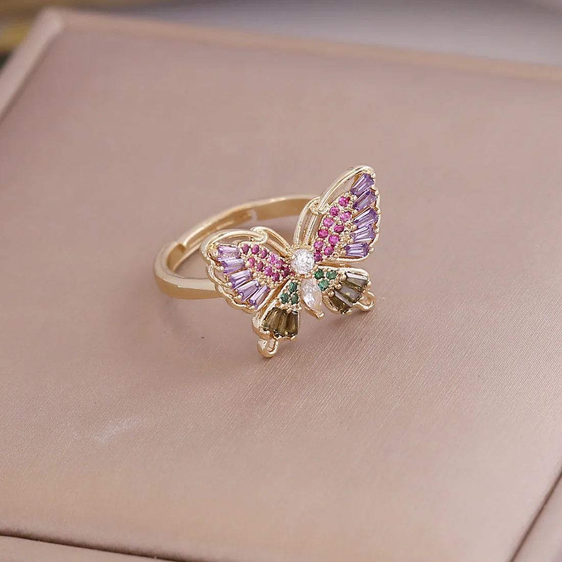 Polychrome Butterfly 18Krgp Ring INS Opening Adjustable Zircon Butterfly Ring Brass