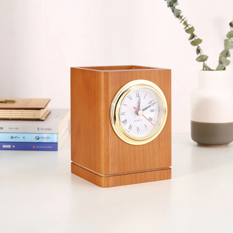 office pen display stand wooden desk organizer pen holder with clock