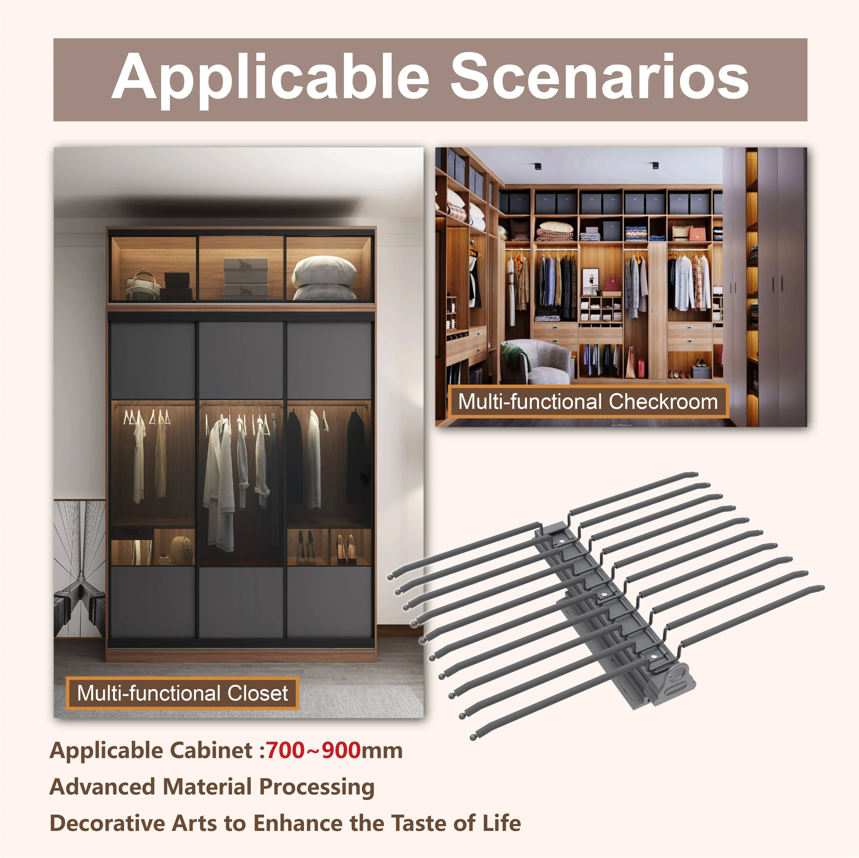 Wardrobe Bedroom Closet Clothes Organizer Cabinet Telescopic Hanger Garment Storage Gray Top Mounted Double Trousers Rack