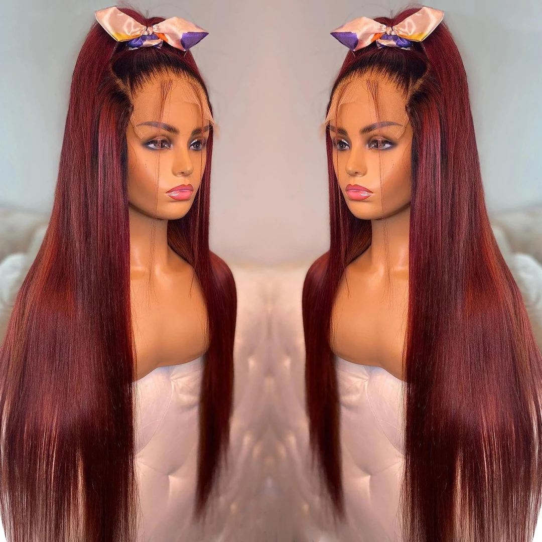 Cheap 99J Burgundy Colored Straight Peruvian Hair Wig Human Hair Lace Front Wig For Black Women Hd Lace Frontal Wigs Human Hai