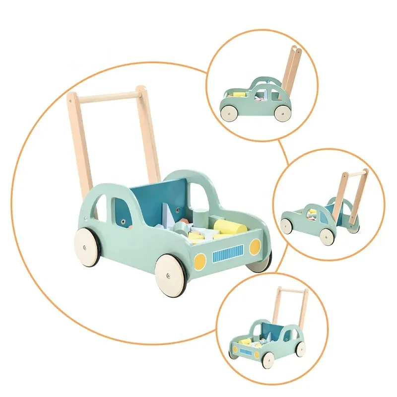 Model Solid Wheels Kids Small Car Wooden Toys Baby Walkers with Building Blocks