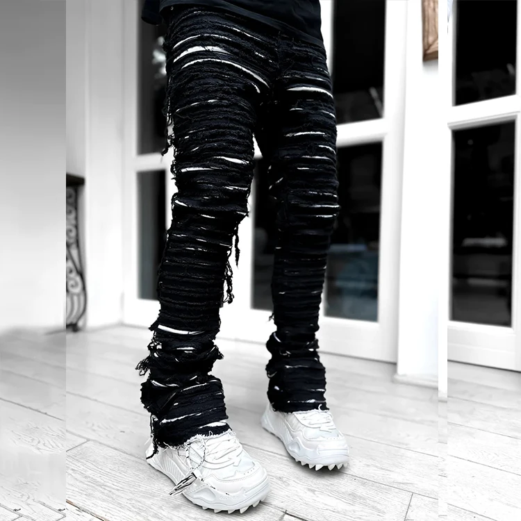 HL manufacture streetwear y2k heavyweight raw hem distressed spiderweb denim jeans custom extended flare stacked ripped men jean
