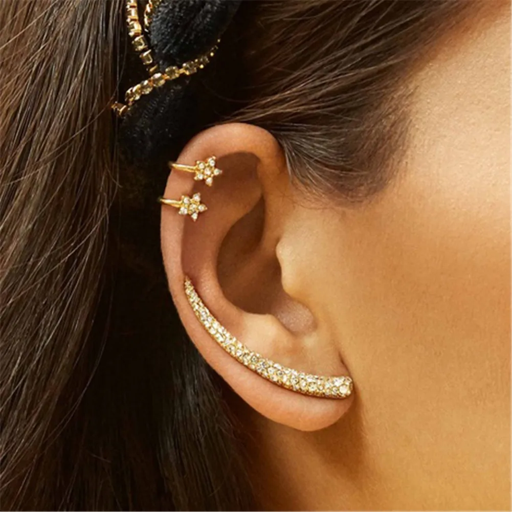 3pc/Set Clip On Earrings No Pierced for Women Girls Clip Earrings Cuffs Horns Plum Flower Gold Color Ear Cuff Without Hole