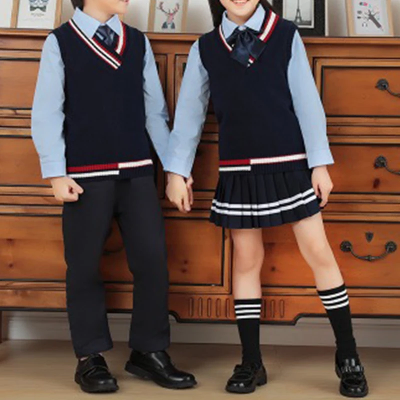 OEM Custom Girls Sweater Pullover Cardigan School Uniforms For Girl  Long Sleeve V Neck Cotton Knit Sweater