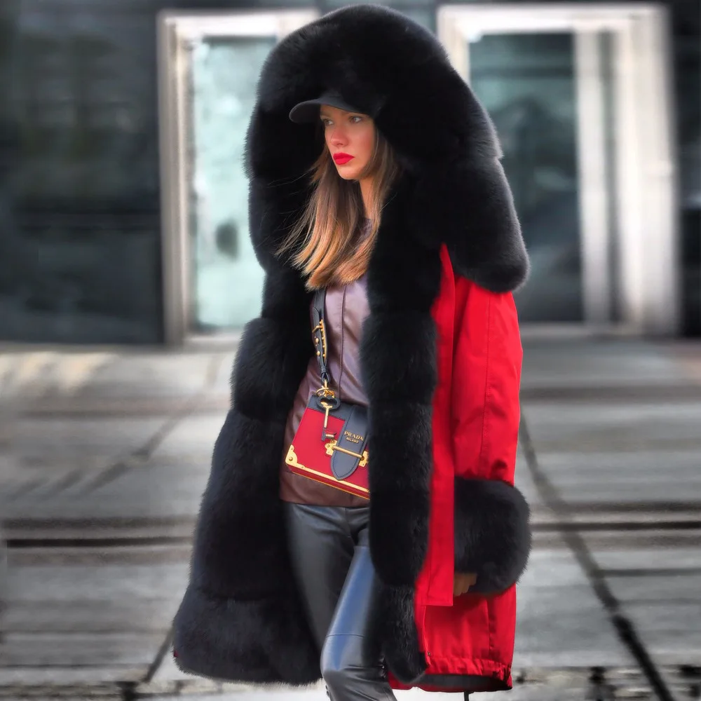 Long Style Warm Lined Fur Jacket Winter Real Fox Fur Parka With Fur Inside Plus Size Jacket Parka
