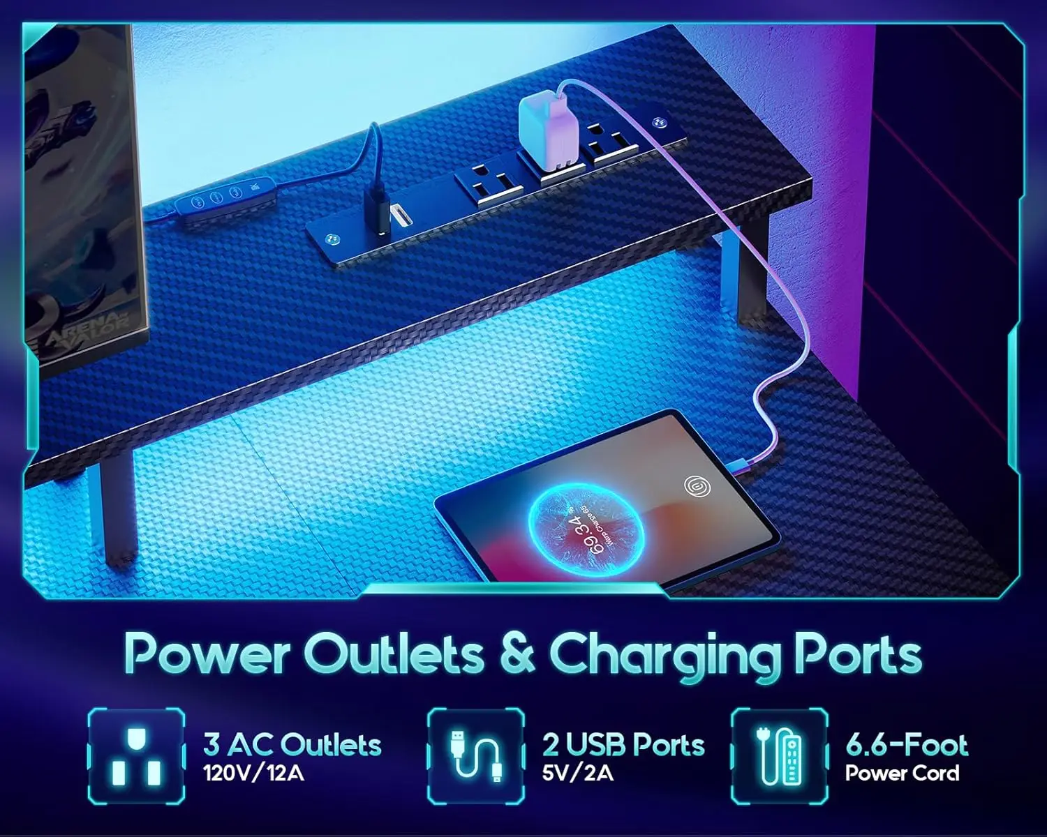 57 Inch L Shaped Gaming Computer Desk with USB Charging Ports & Power Outlets,  Study Table with LED Lighting, Carbon Black