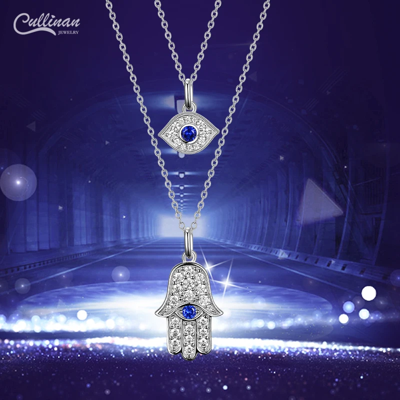 High Quality 2021 New Design 925 Sterling Silver Blue Sapphire Zircon Stone Hamsa Hand Evil Eye Layered Necklace