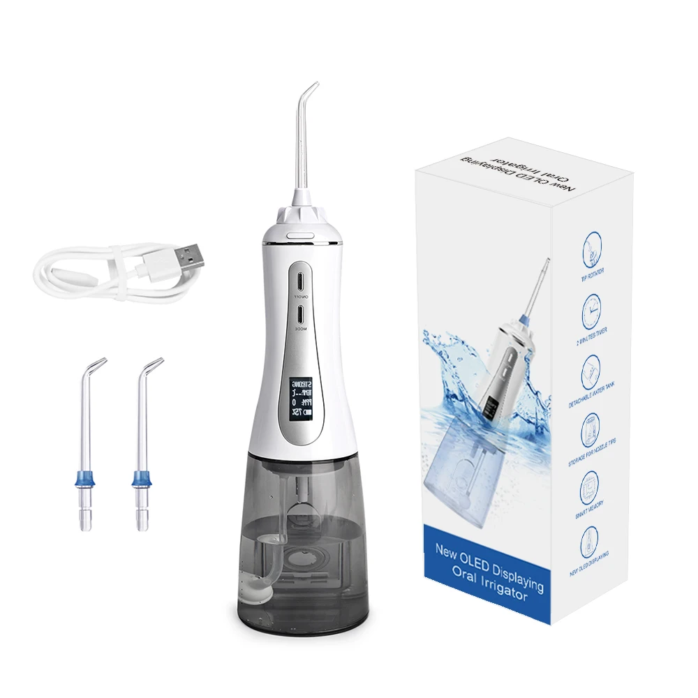 Capacity Rechargeable Dental Hygeine Oral Care Irrigator Water Flosser Teeth Cleaning OLED Display 350ml Portable 30-120 PSI Usb