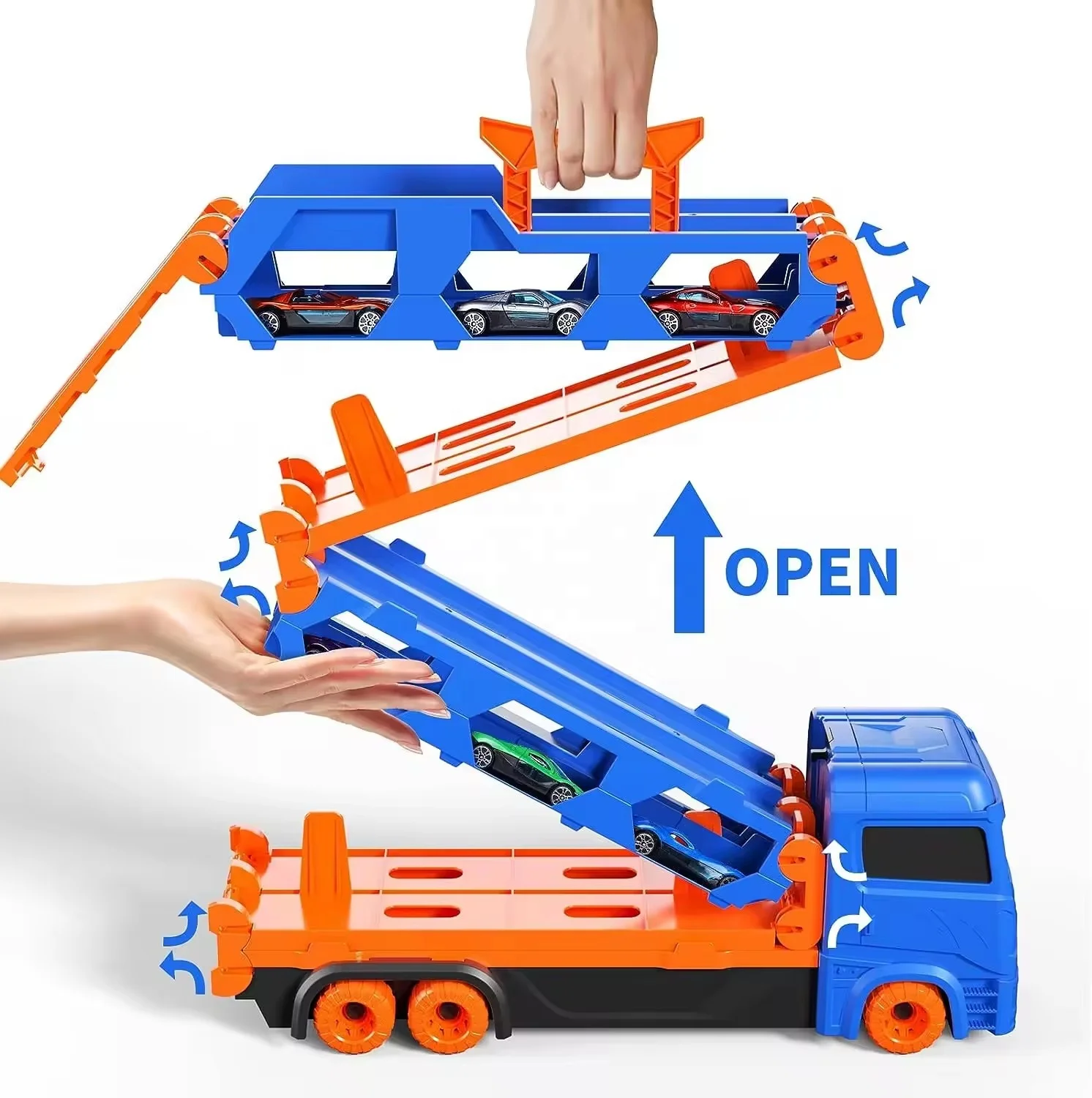 Portable Race Track Truck Toy 3 Layer Truck Toys for Boys Folding Storage Car Carrier with 6 Metal Car Gift for Kids unisex