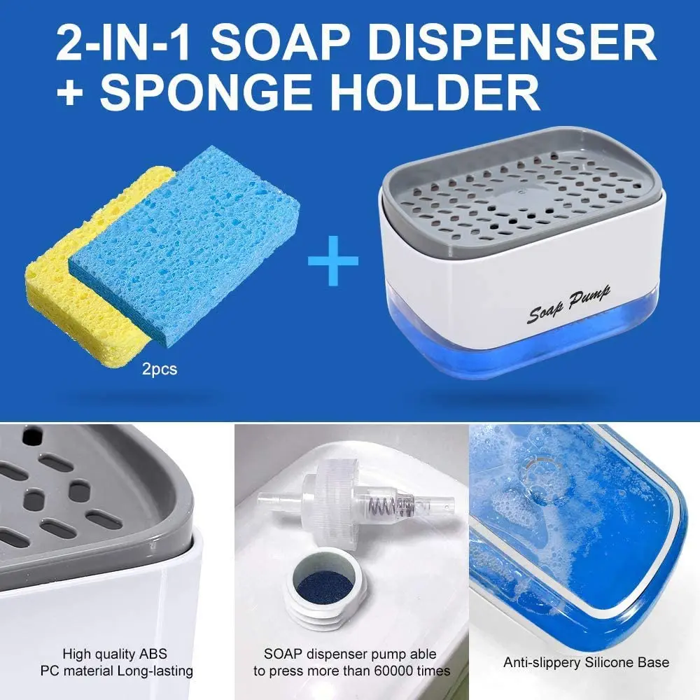 2-in-1 Sponge Rack Soap Dispenser Sponge Caddy Soap Pump Dispenser, Dish Soap Dispenser for Kitchen