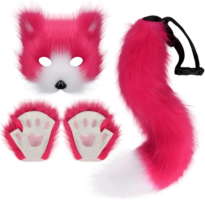 ecoparty  Fluffy Fur Fox Tail Keychain Cat Paws Gloves And Wolf Therian Mask Set For Halloween Cosplay Costume Accessories Sets