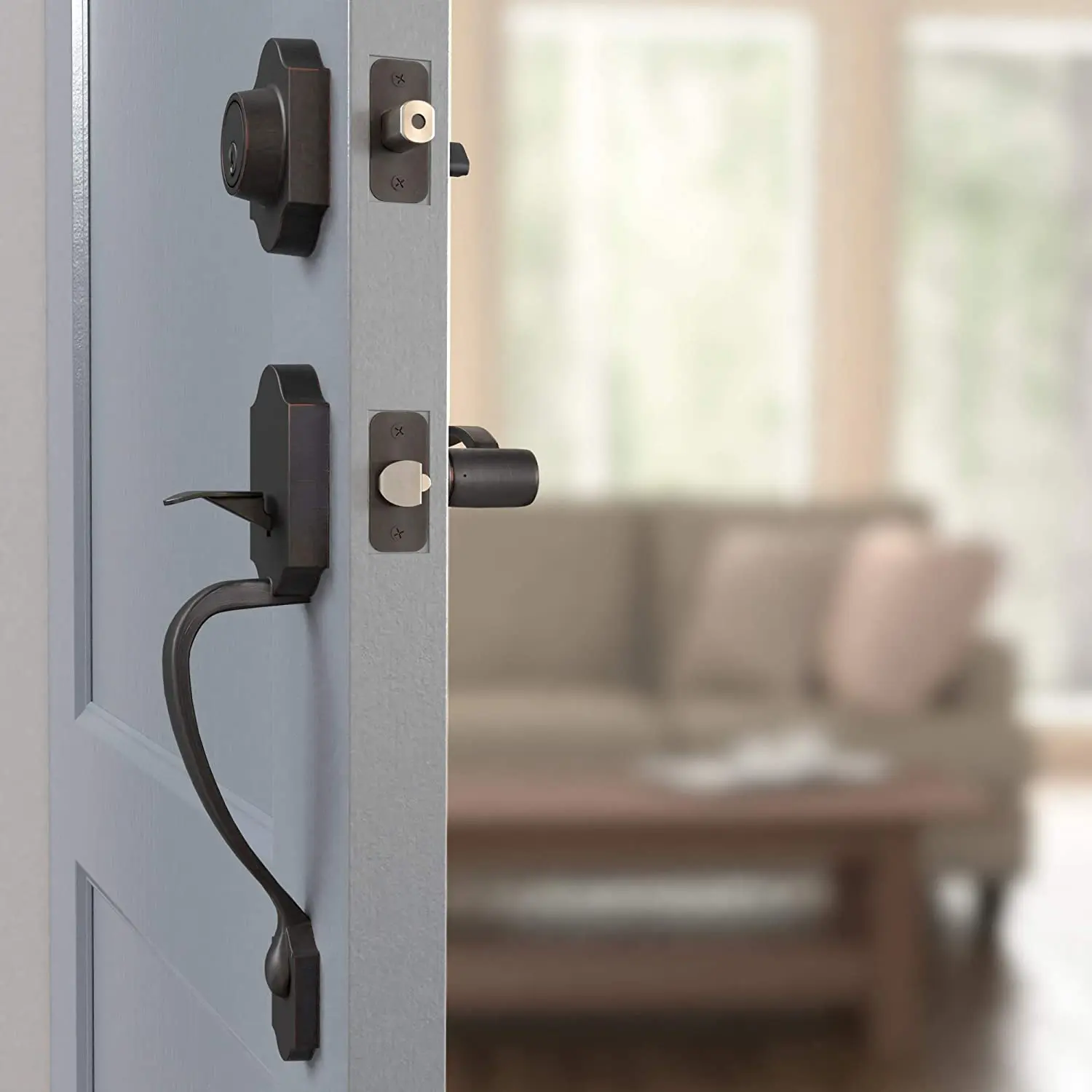 Iron Black Finish Single Cylinder Deadbolt Handle Set with Lever Door Handle Reversible for Right and Left Handed