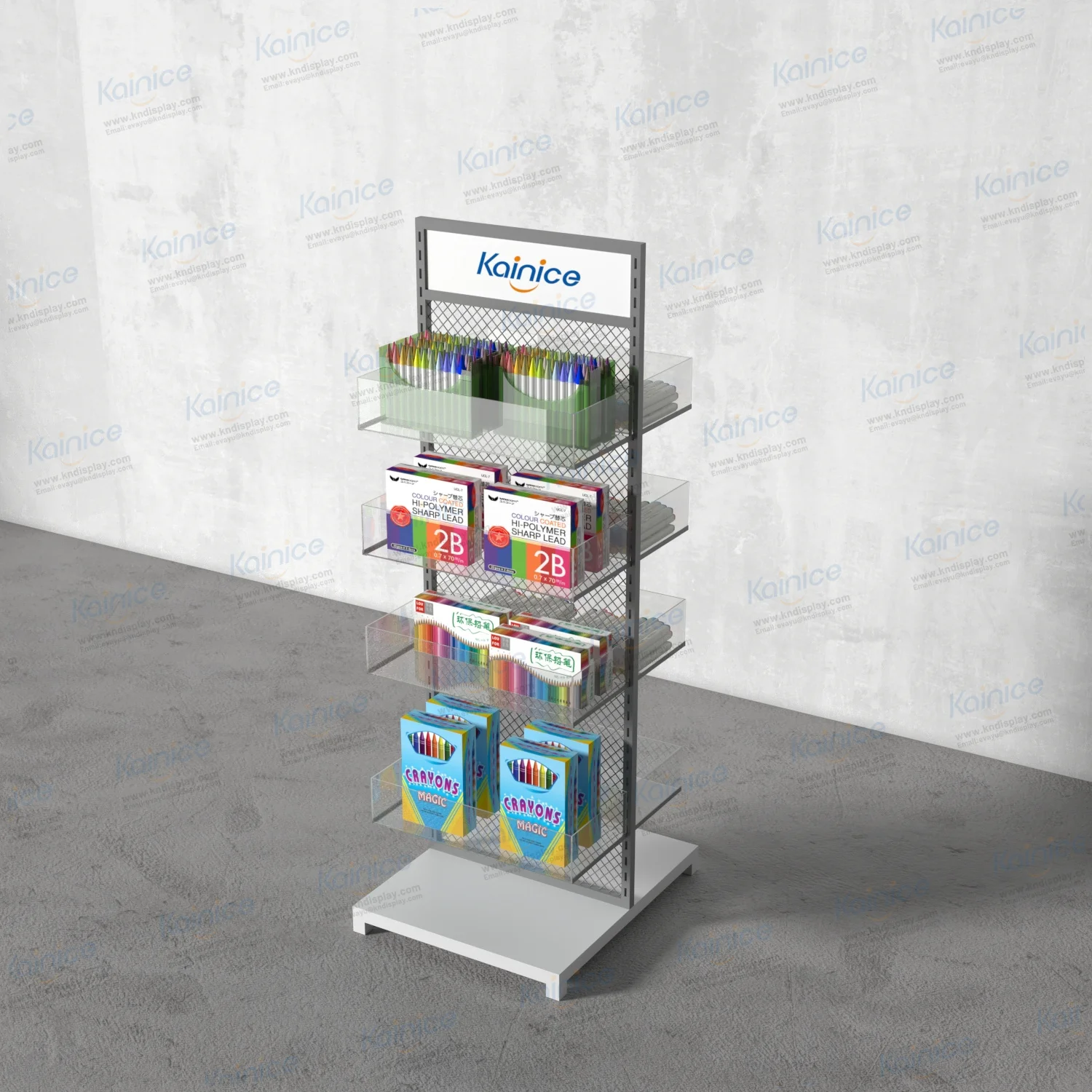 Kainice Floor Wire Mesh Display Net Rack Hook Hanging Grid Floor Stand Retail Shop Metallic Display Racks Product Display Stand