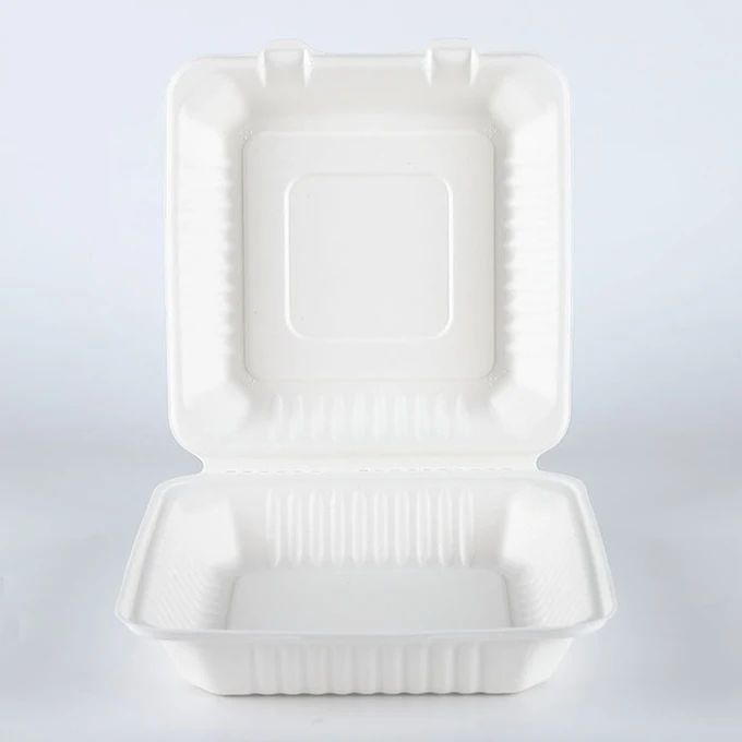 8 inches disposable Sugarcane Bagasse fiber paper clamshell food packaging box