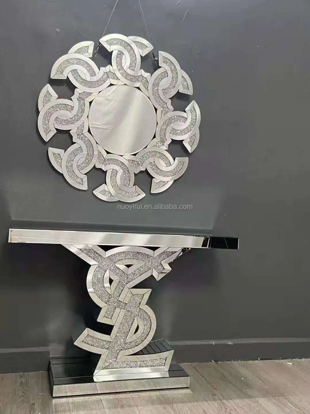 Modern Luxury L V Shape Gold And Mirrored Glass Console Table With Square Mirror Set Sideboard Vintage