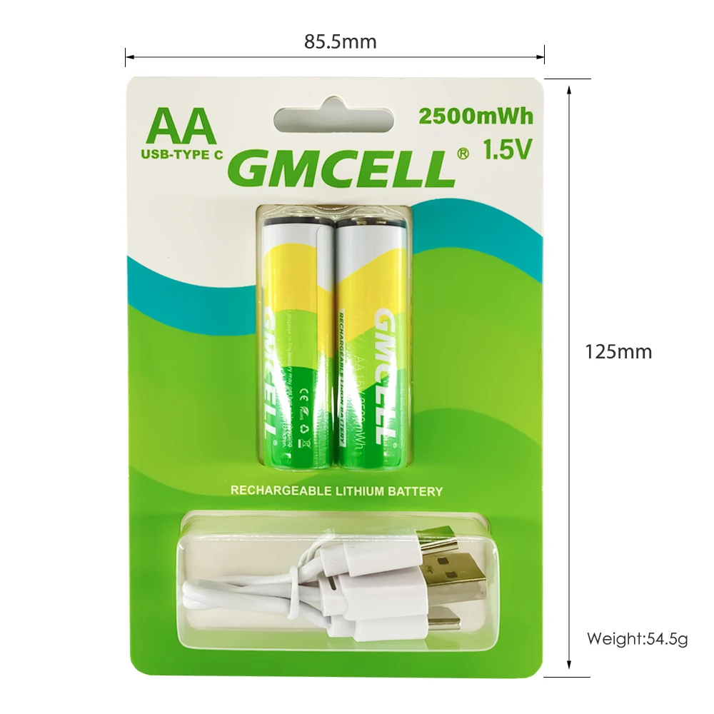 2Pcs USB-C 1.5V 1400mAh Rechargeable Lithium AA akku Battery for LED flashlight/ remote control, toys