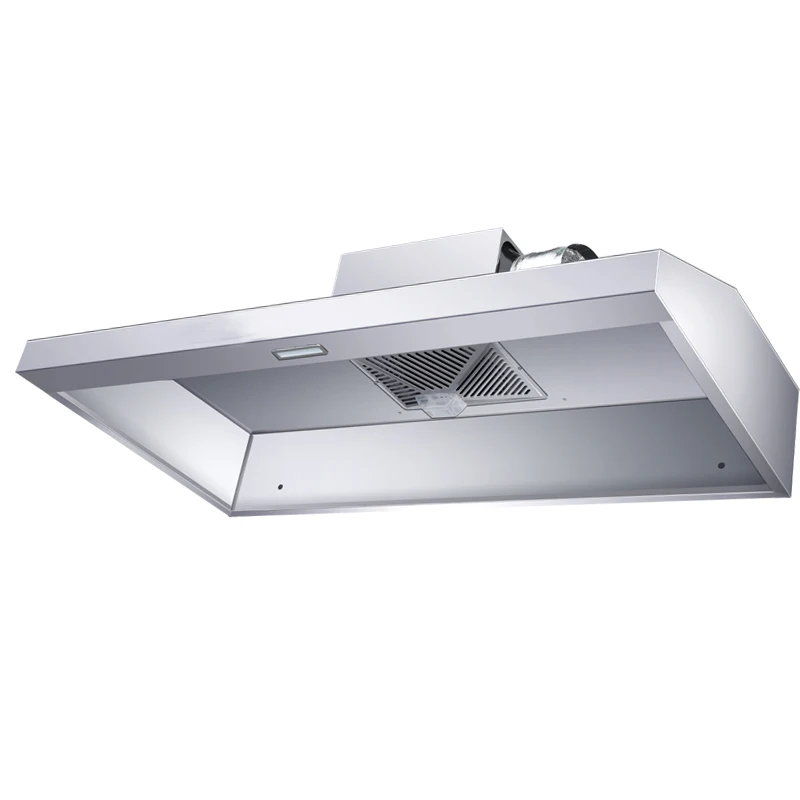 Large suction commercial stainless steel range hood in hotel kitchen