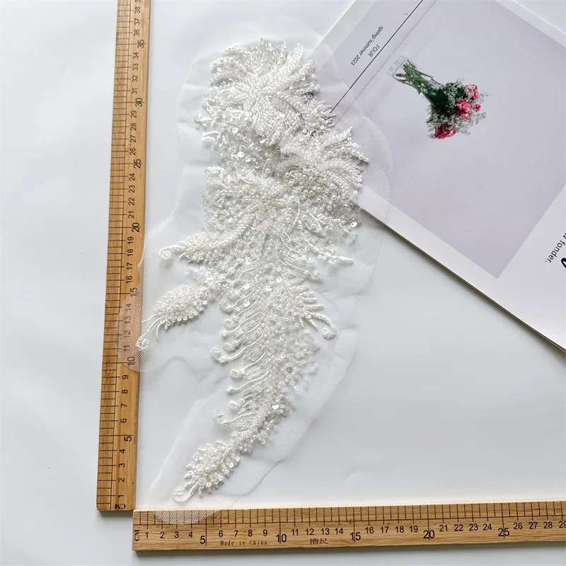1 Piece White Flower Beaded Embroidery Sew on Organza Patches Applique for Wedding Dress
