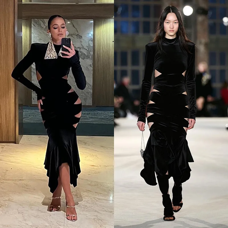 Autumn winter new Korean velvet hollow out dress ladies sexy bodycon dress elegant women dress