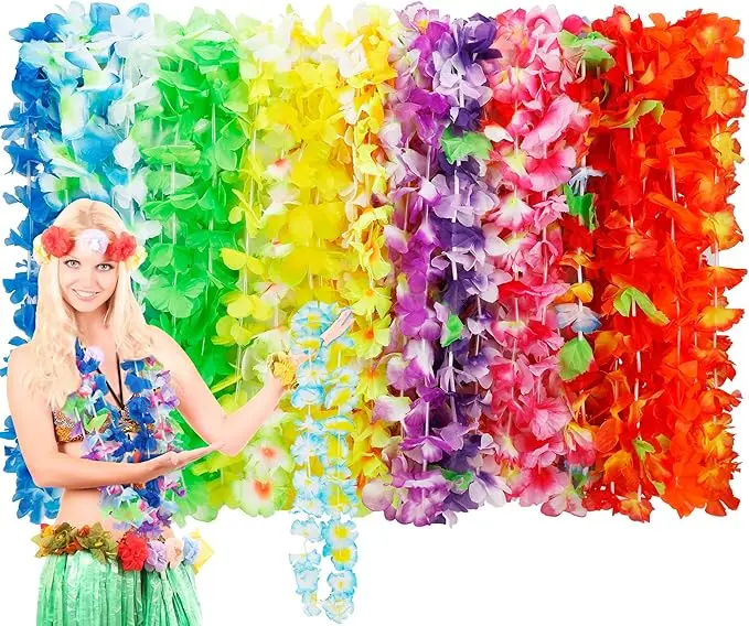 Hawaiian Leis Decorations Leis Bulk Flower Necklaces Luau Party Decor Colorful Hula Dance Celebration Summer Beach Pool Parties