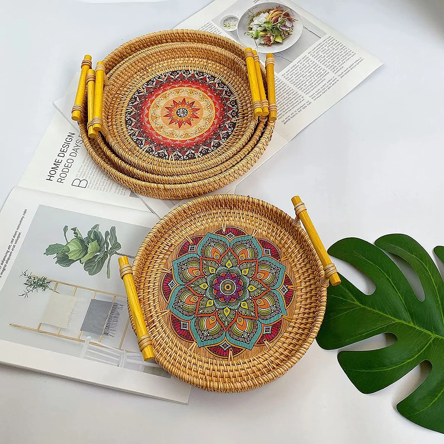 Decorative Woven Ottoman Trays for Coffee Table Dinner Party Kitchen Organizer Rattan Round Basket Serving Tray with Handles